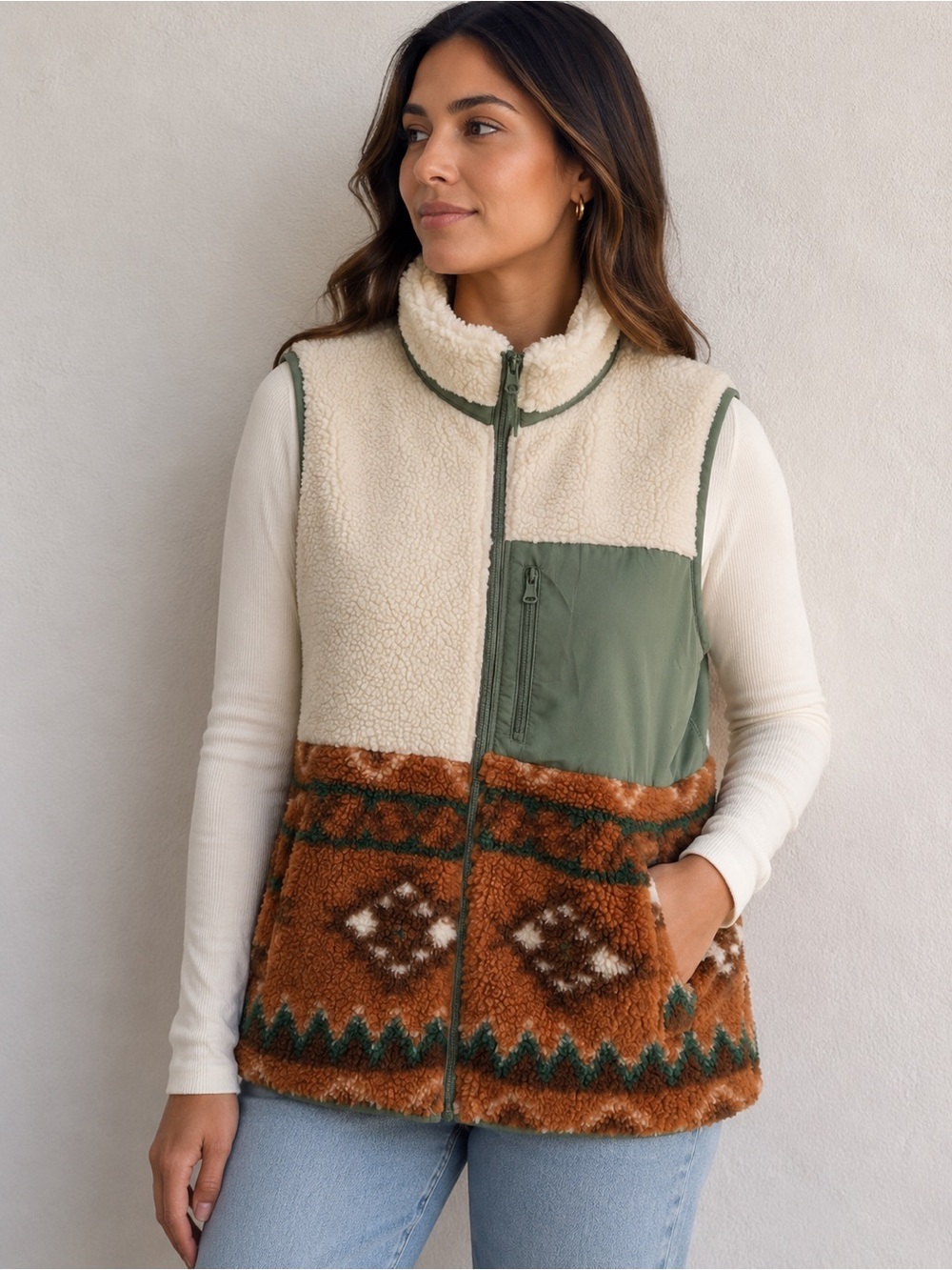 LOVE TREE Sherpa Fleece Vest Large Southwestern Aztec Print Full Zip Lined